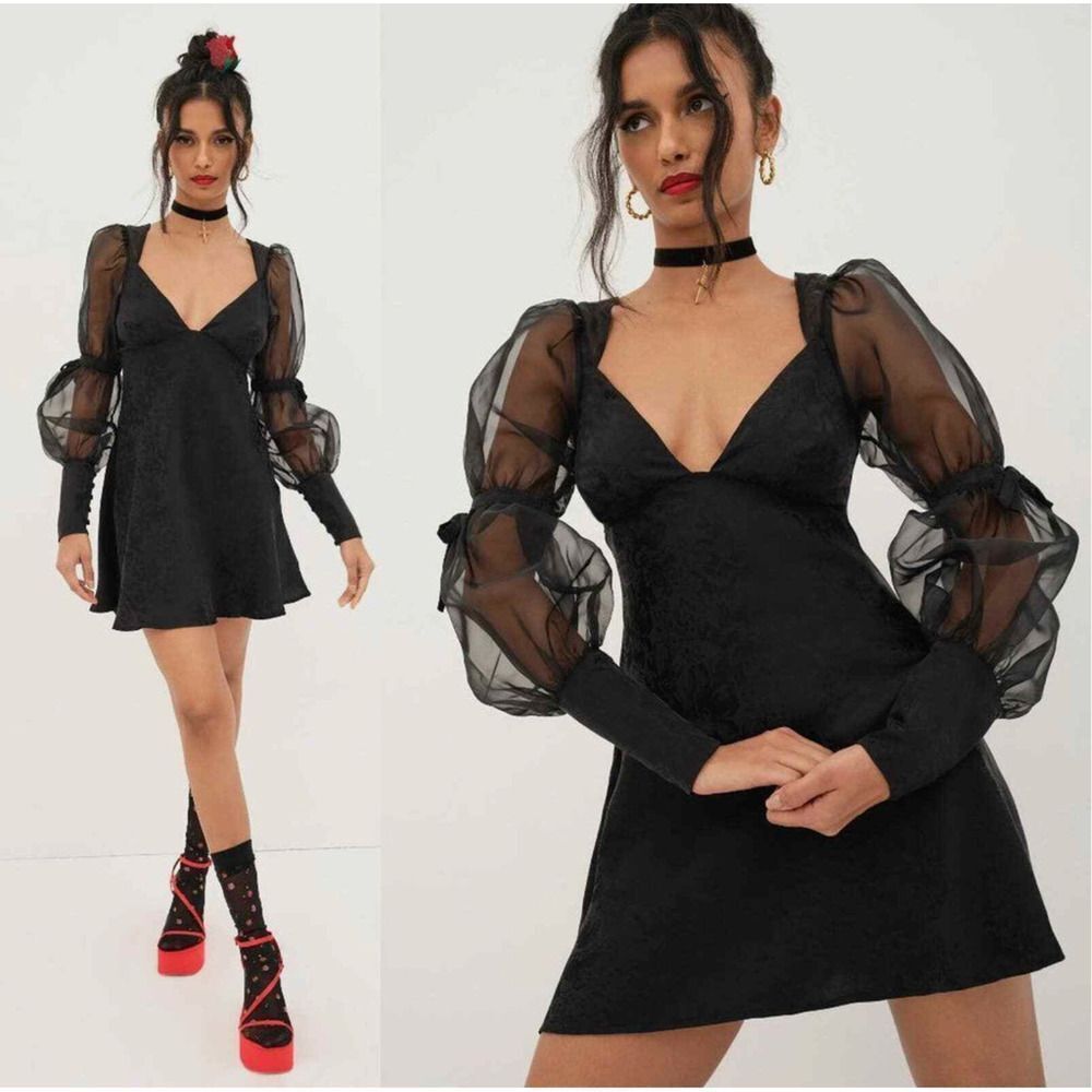 For Love And Lemons Dress XS Black Whimsygoth Organza Puff Sleeve Vampire Chic